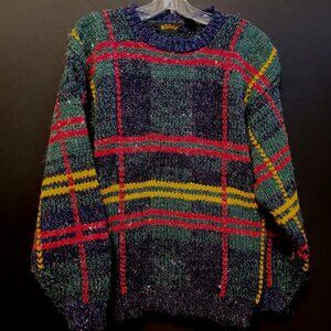 Vintage Sweater BADGE Wool Blend Criss Cross Lines Korea Navy Adult Large